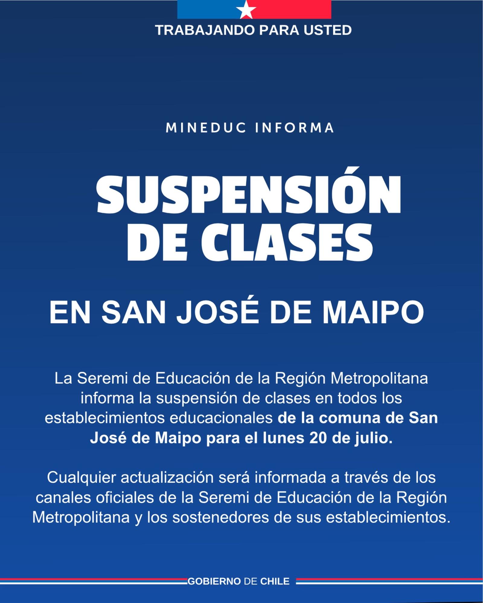 Seremi de Educación suspende clases en comuna de la Región Metropolitana