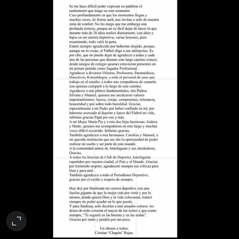 Mensaje de Cristián Rojas en Instagram.