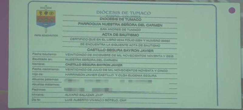 Acta de bautizo de Byron Castillo