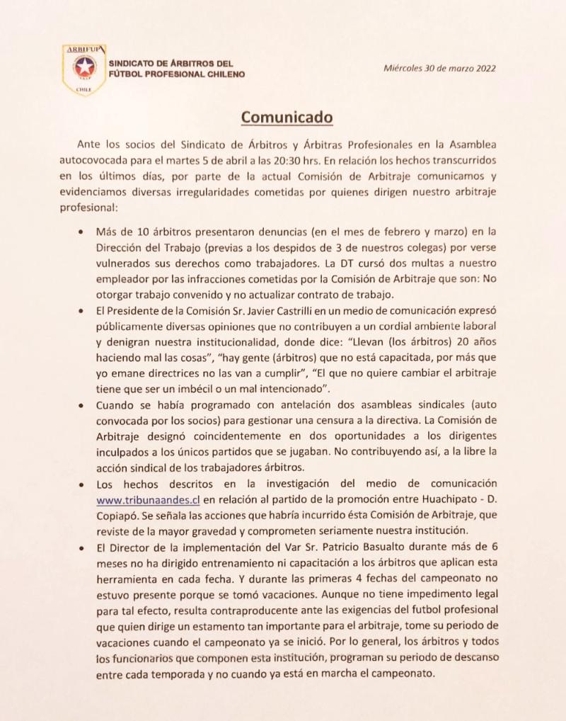Comunicado sindicato de árbitros parte 1.