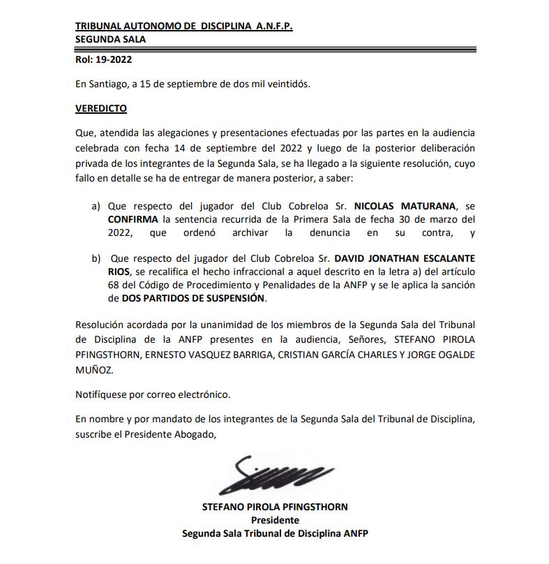 Evidencia de que Stefano Pirola es parte del Tribunal de Disciplina.