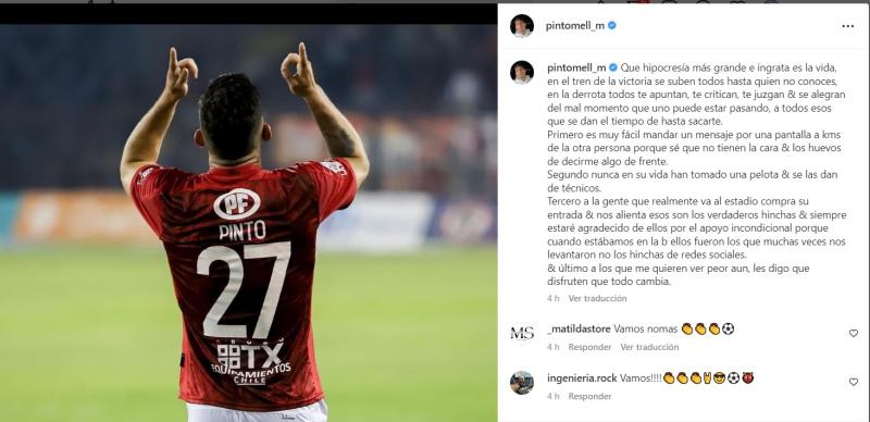 Mathías Pinto se defendió de las críticas en una publicación de Instagram.