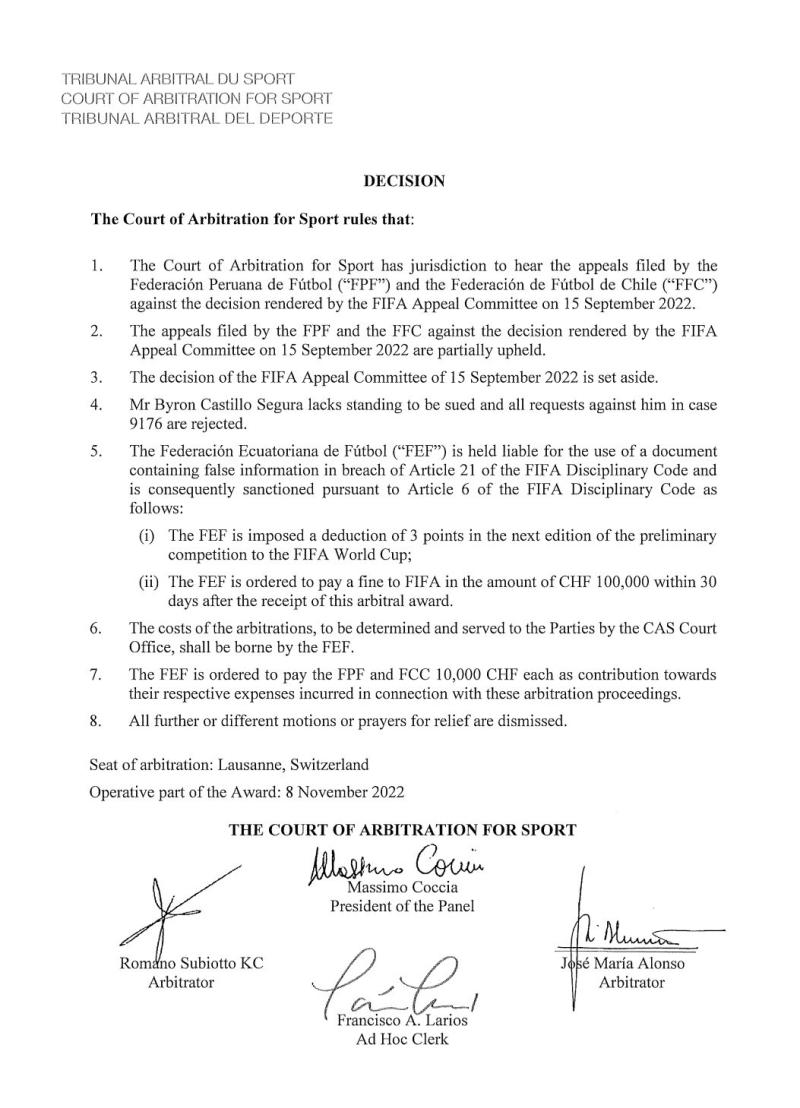 El fallo del TAS por caso Byron Castillo