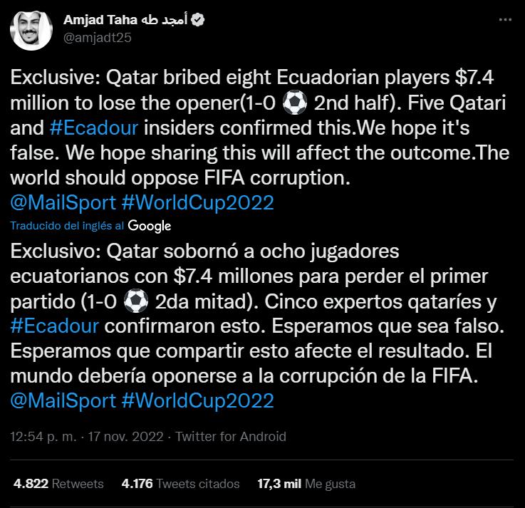 Denuncian que Qatar habría sobornado a jugadores de Ecuador para ganar el duelo inaugural de la Copa del Mundo.