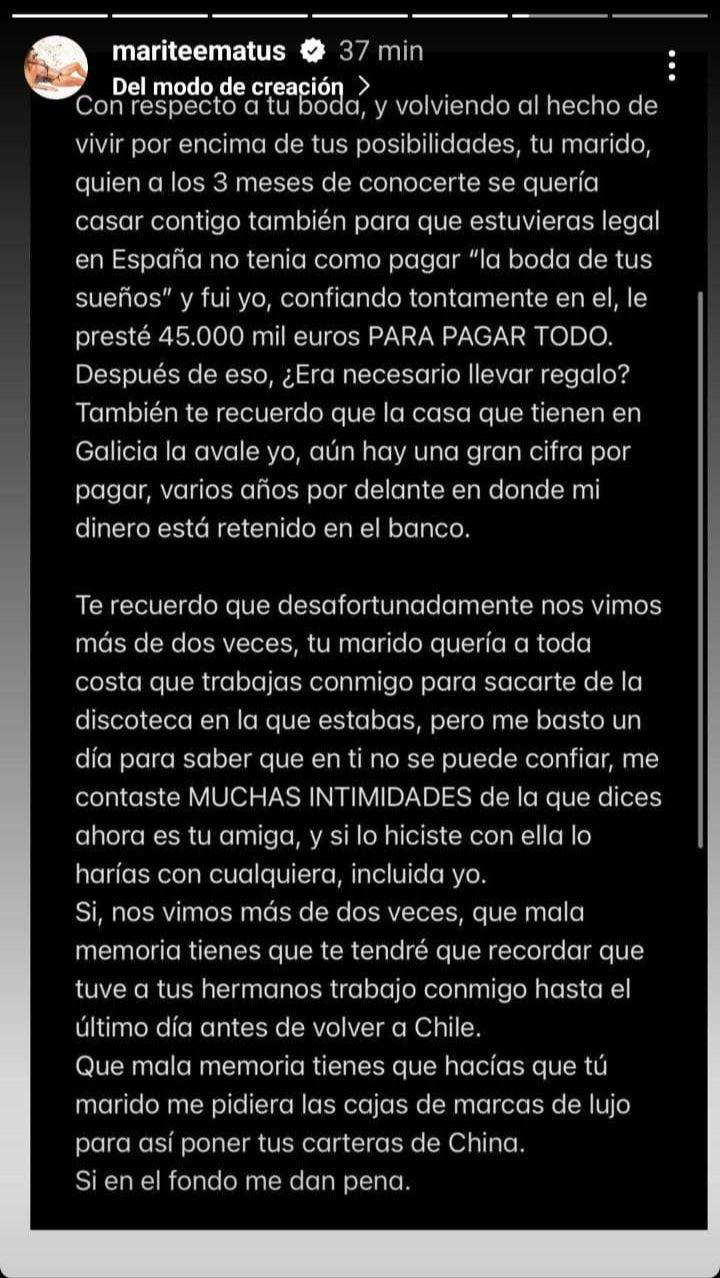 La declaración de Marité Matus (Vía Instagram)