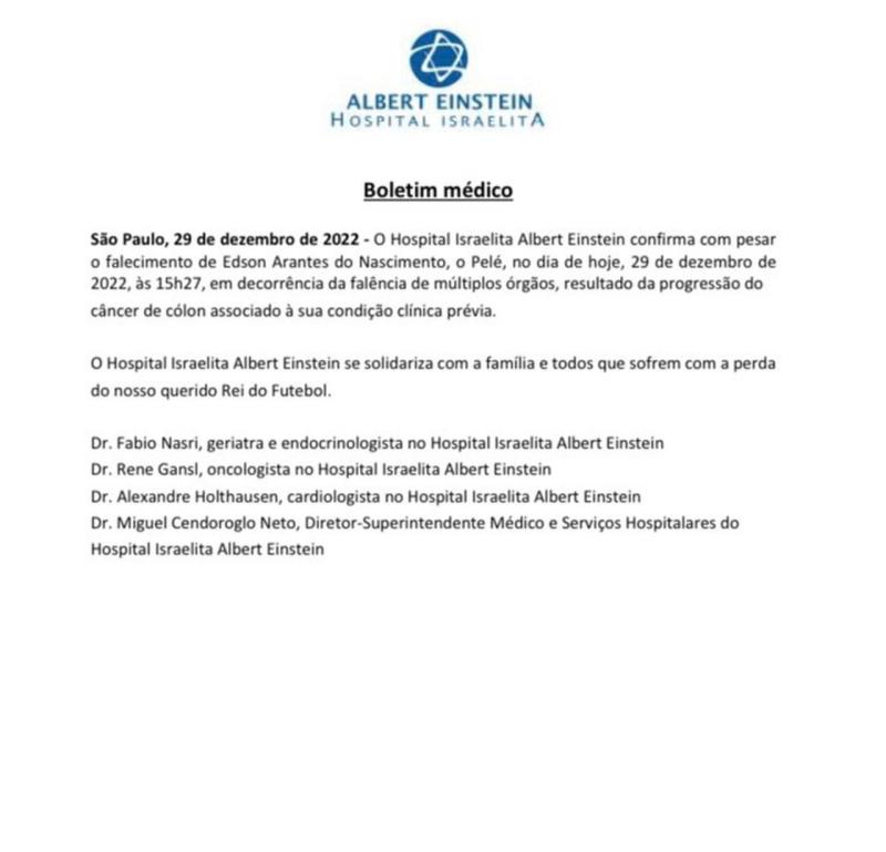 El parte médico de Pelé que dio a conocer el Hospital Albert Einstein