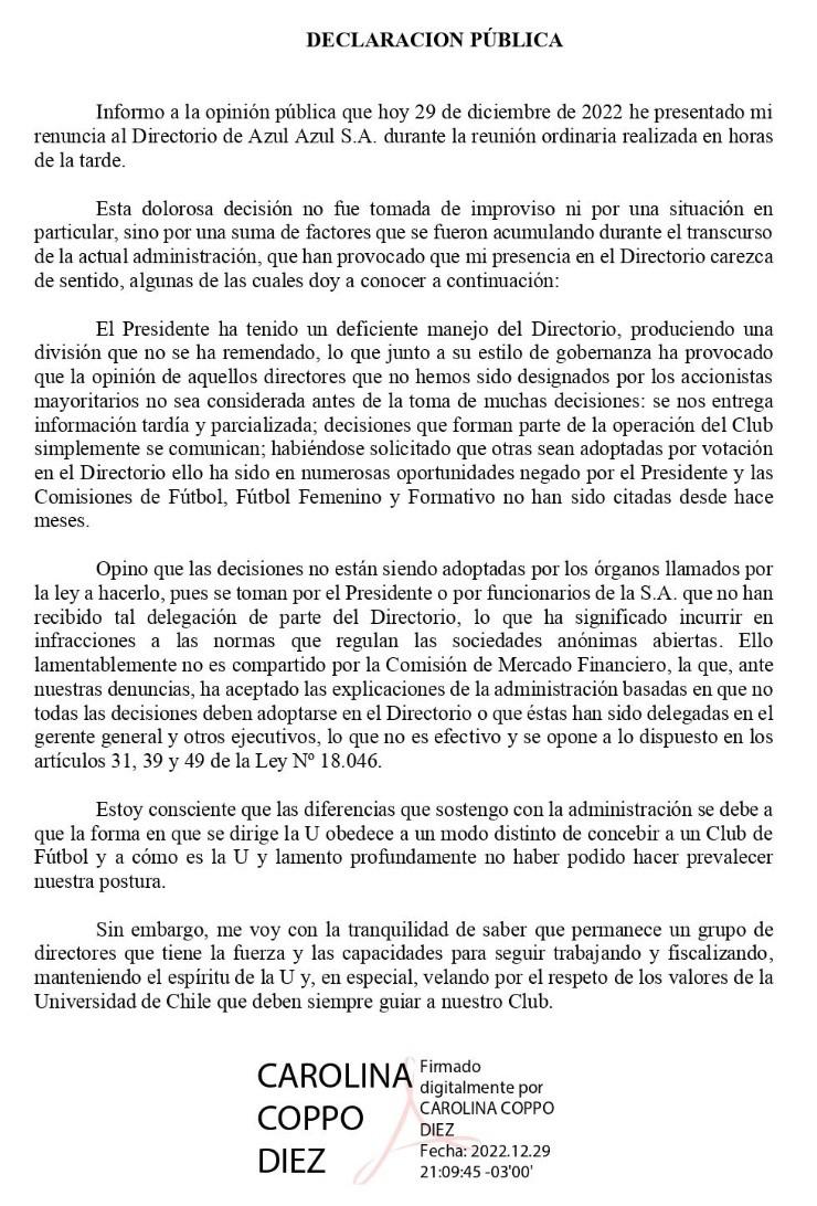 Declaración pública de Carolina Coppo tras renunciar a la mesa directiva de Azul Azul.