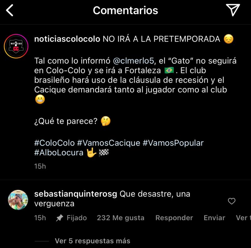 El comentario que realizó Sebastián Quinteros tras confirmarse que Lucero no viajó a la Pretemporada. (Vía Instagram)