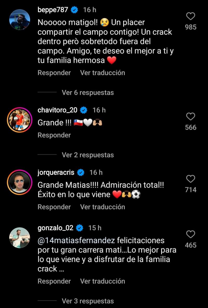 Mensajes para Matías Fernández por su retiro.