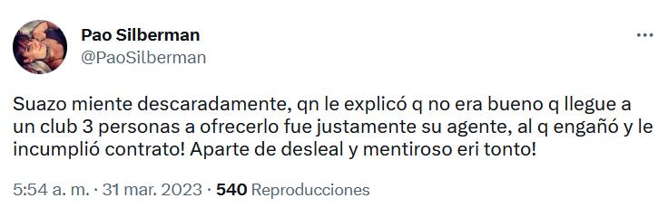 Hija de Alan Silberman contra Gabriel Suazo (Twitter)