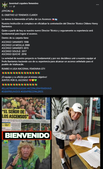 Henry Barrientos tiene nuevo club en Guatemala. Crédito: @JuventudCopalerafemenino