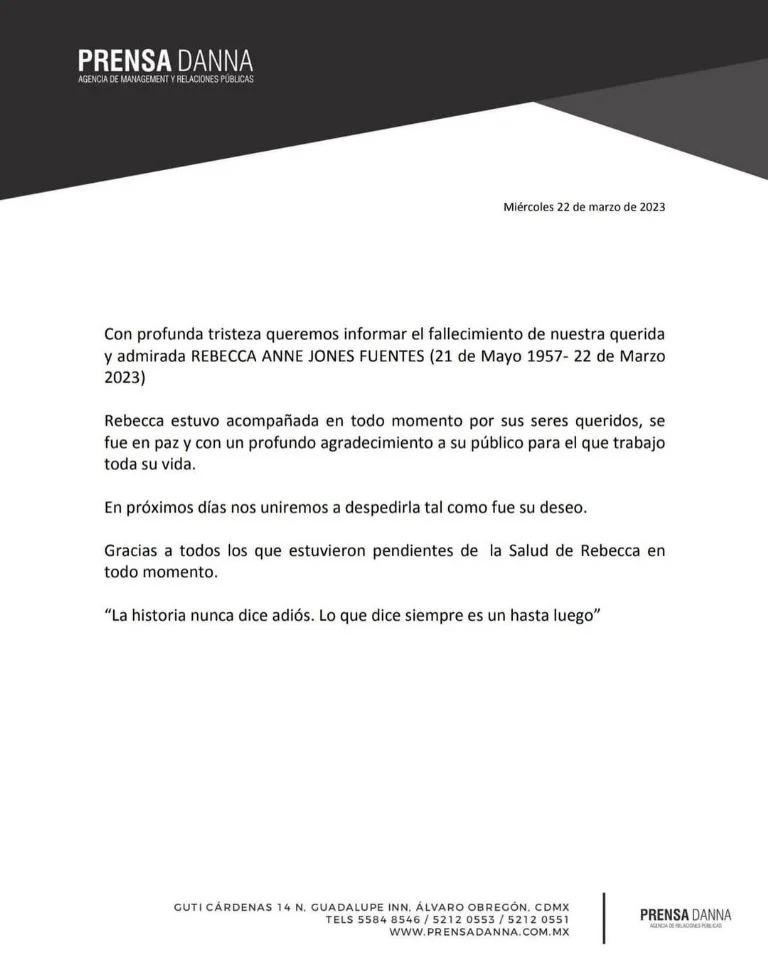 La agencia de representación de Rebecca Jones comunicó su fallecimiento. / Foto: Intagram Prensa_dana