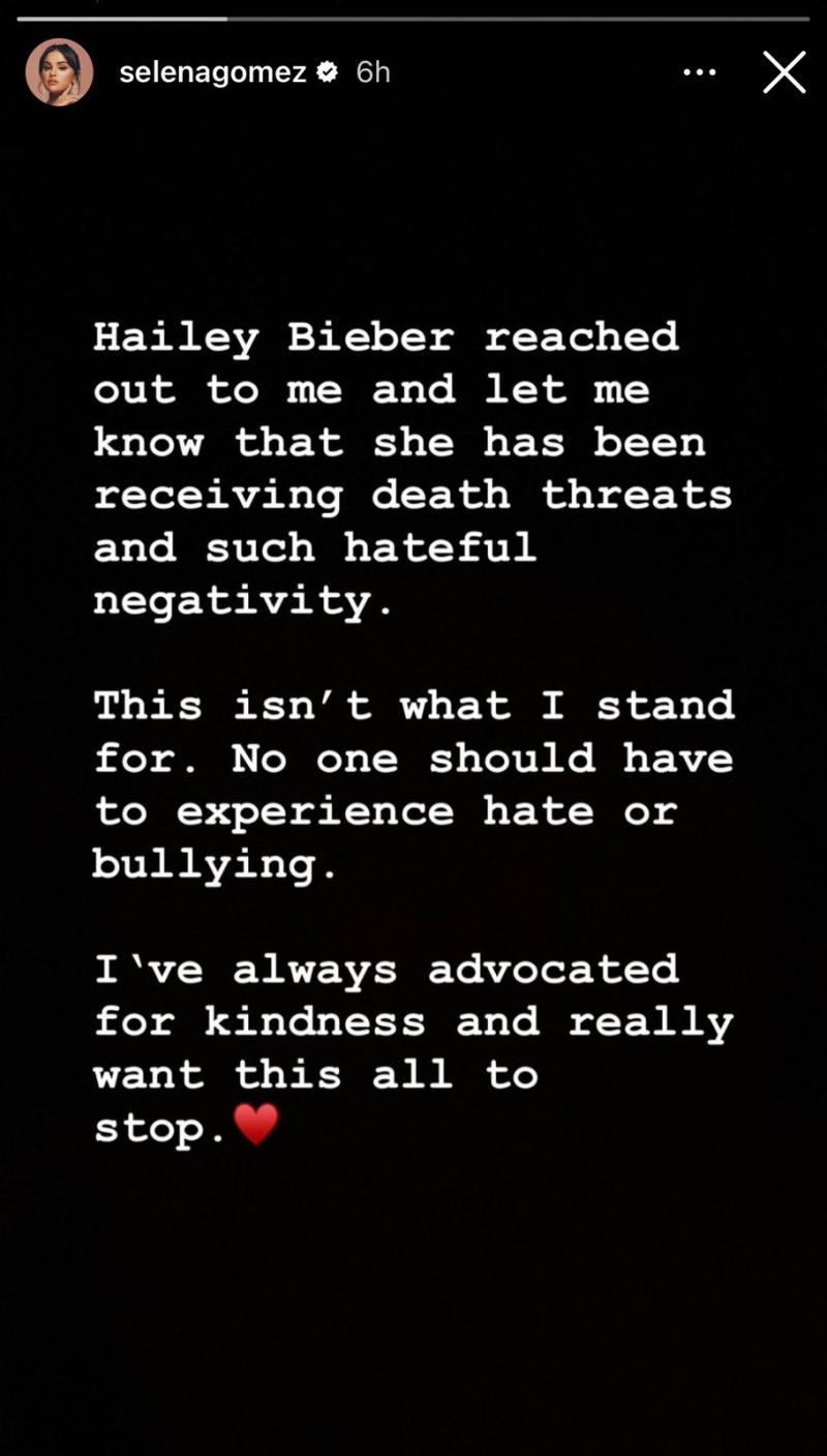 Instagram - Storie de Selena Gomez defendiendo a Hailey Bieber