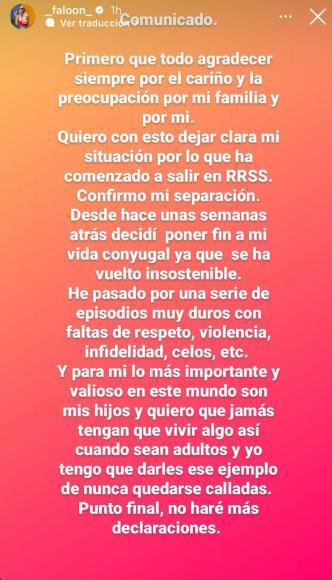 De esta manera Faloon Larraguibel confirmaba su quiebre matrimonial con Jean Paul Pineda el 10 de febrero recién pasado.