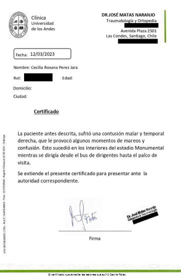 Parte médico que respalda la agresión a Cecilia Pérez en el Monumental. (Rescatado por La Tercera).