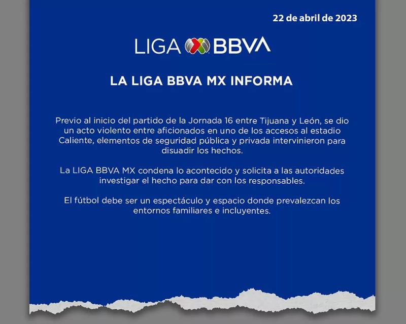 La Liga MX lamentó lo ocurrido en el recinto deportivo.