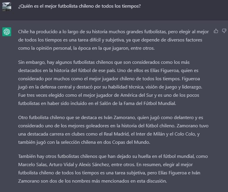 La respuesta de ChatGPT sobre el mejor futbolista chileno de todos los tiempos. Imagen: Pantallazo.