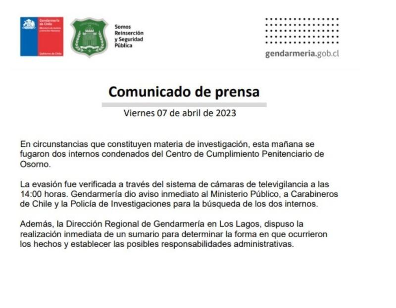 Comunicado de Gendarmería