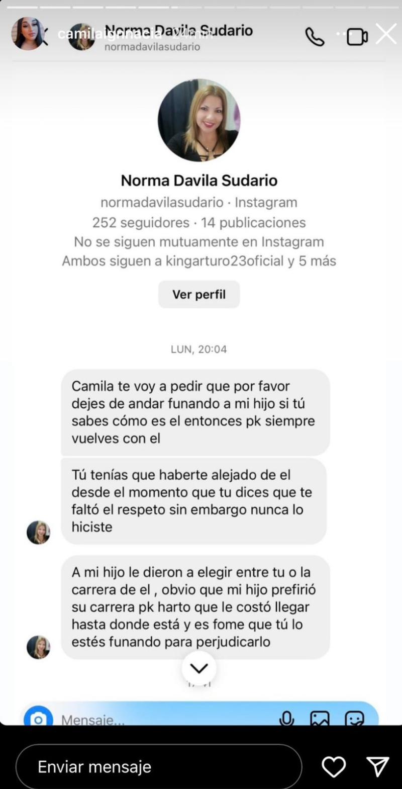 Uno de los mensajes que la madre de Thompson le envió a Camila Sepúlveda.