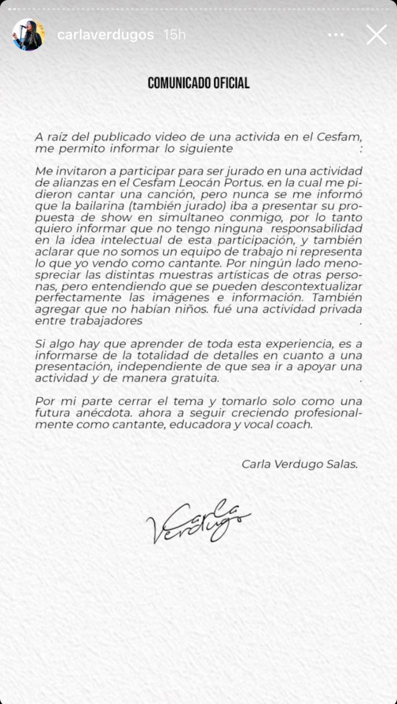 Instagram - Comunicado de Carla Verdugo por show en Cesfam de Talcahuano