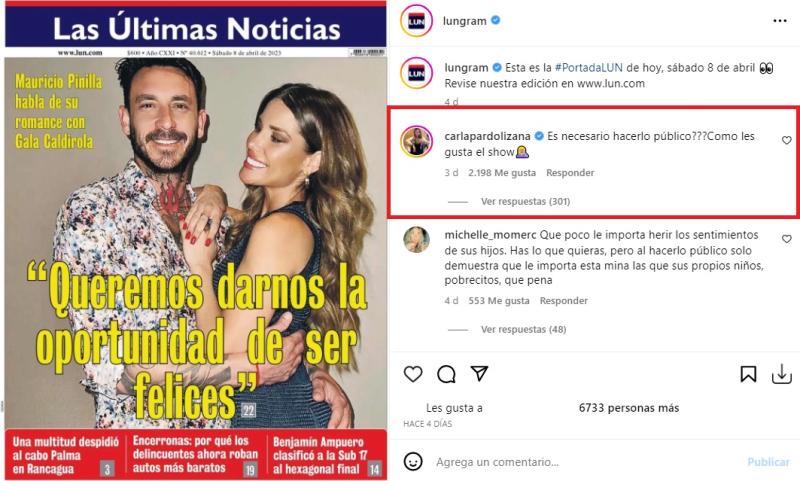 Instagram - Mensaje en Instagram de Carla Pardo a Pinilla y Gala