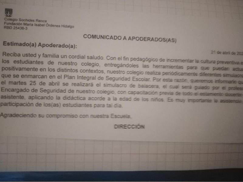 La comunicación sobre el simulacro de balacera que envió el colegio Sochides a sus apoderados