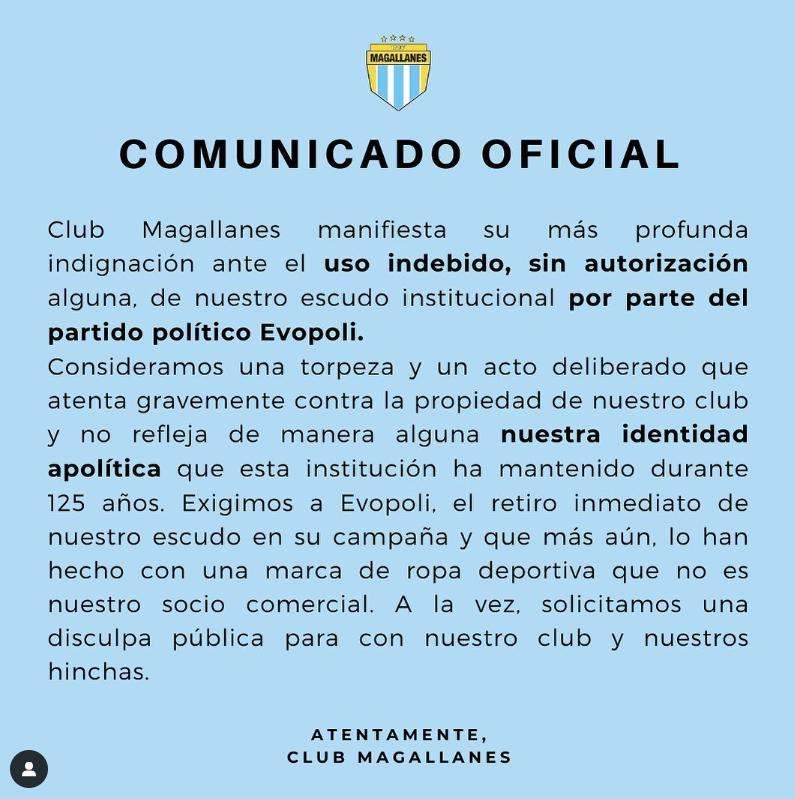 El comunicado que emitió Magallanes luego de la franja electoral de Magallanes. (Instagram)