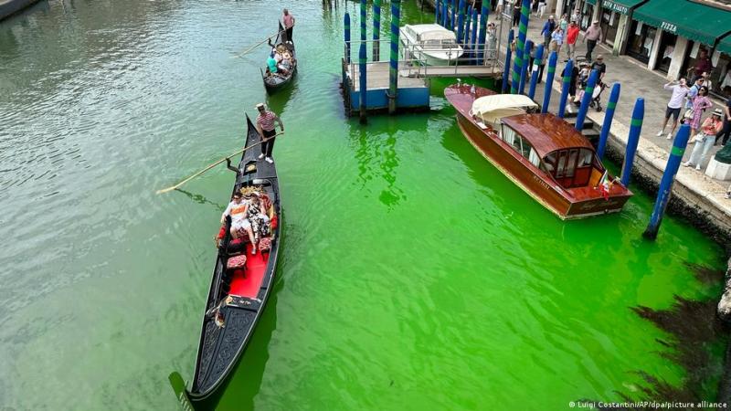 Los gondoleros remaban entre aguas verdes forsforescentes mientras los turistas tomaban fotos.