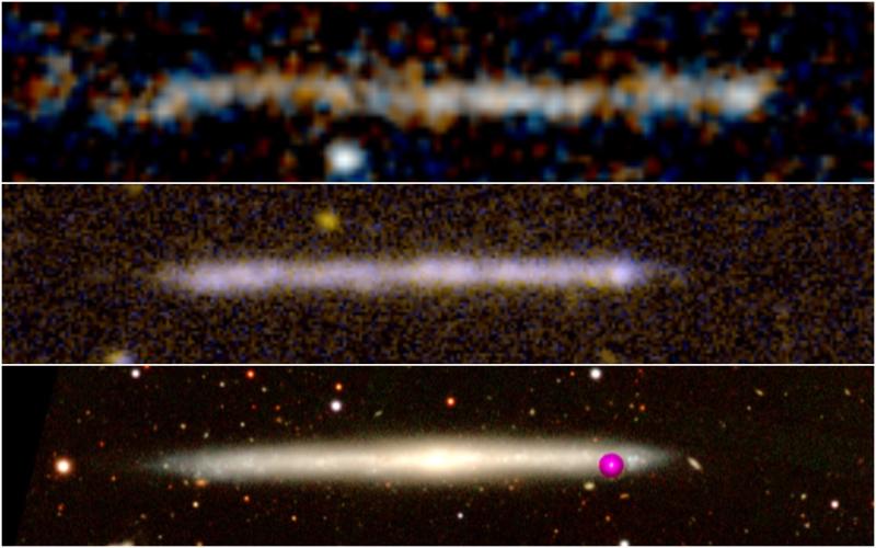 Arriba: Imagen del objeto observado con el Telescopio Espacial Hubble. Muestra la emisión en la parte ultravioleta del espectro. Medio: Imagen ultravioleta de una galaxia local sin protuberancia y observada de canto (IC 5249). Las similitudes son obvias. Abajo: La misma galaxia IC 5249 observada en la parte visible del espectro. Las escalas espaciales de las tres imágenes son idénticas (Crédito: HST)