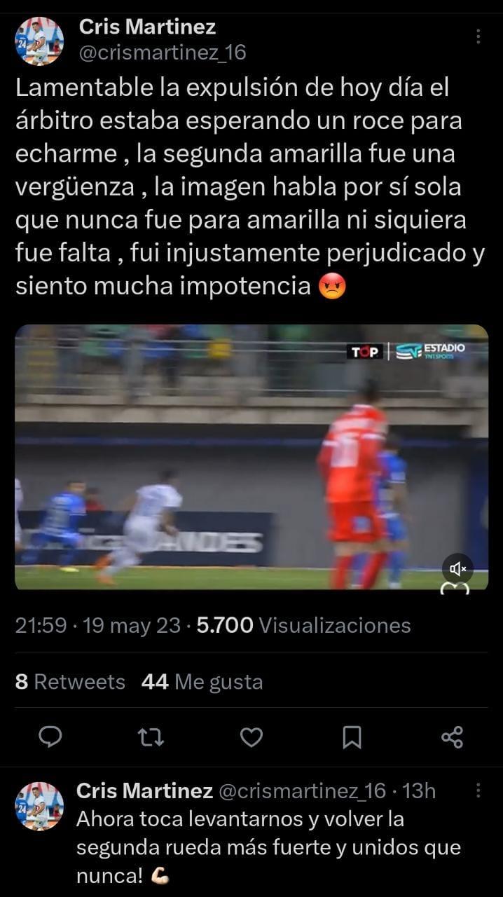 Cris Martínez mostró su molestia tras ser expulsado en la derrota de Huachipato. / Foto: Twitter