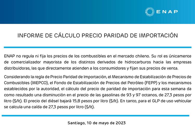 ENAP - Informan precio de los combustibles