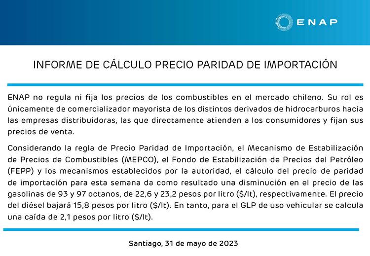 ENAP - Informan precio de los combustibles