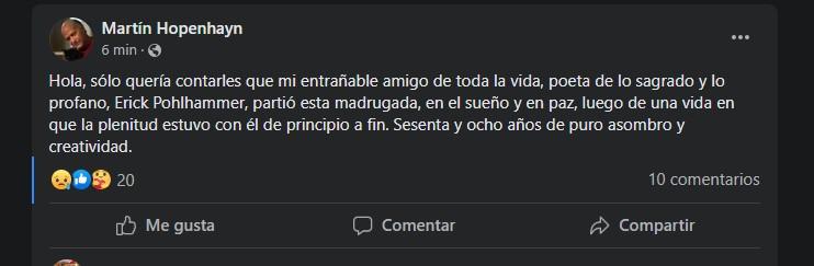 Confirman muerte de Erick Pohlhammer