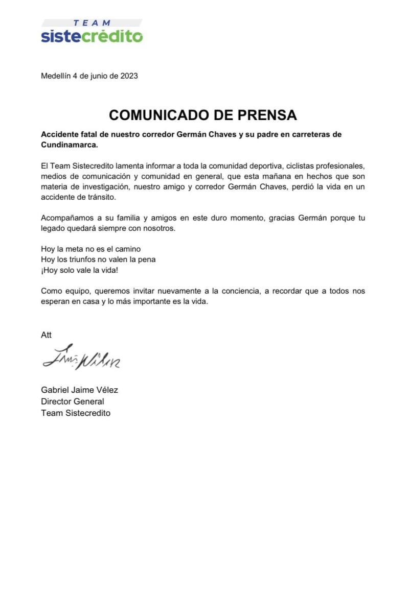 Comunicado por la muerte de Germán Chaves