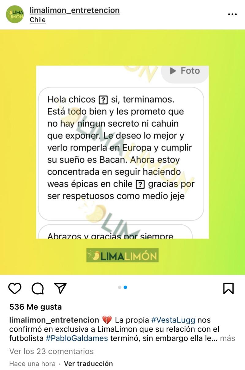 Vesta Lugg confirmó su quiebre con Pablo Galdames.