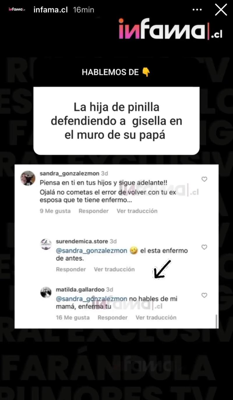 La cuenta Infama compartió el comentario de la hija de Mauricio Pinilla.