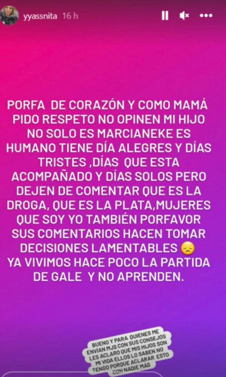 Instagram (@yyassnita) - Mensaje de la mamá de Marcianeke en Instagram