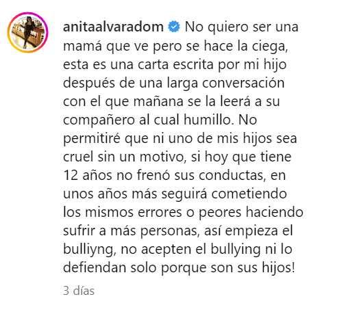 El mensaje contra el bullying de Anita Alvarado en Instagram