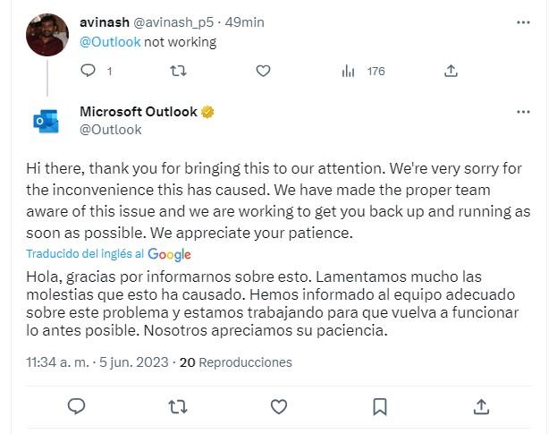 Twitter - La respuesta de Outlook a sus usuarios
