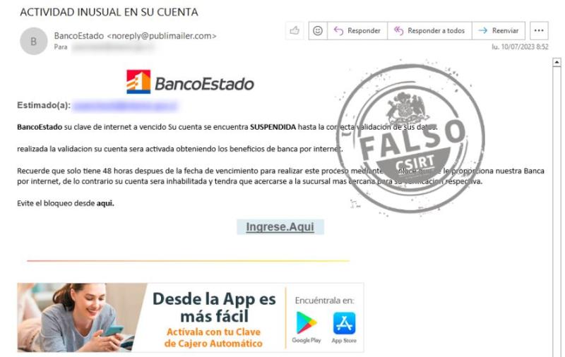 Captura correo falso BancoEstado - CSIRT