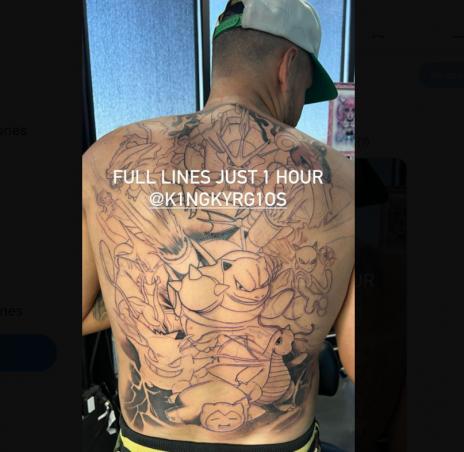 Nick Kyrgios se tatúo la espalda con personajes de la serie Pokémon. Imagen: Instagram.