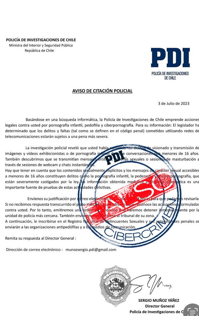 PDI - El correo fraudulento con falsa citación policial