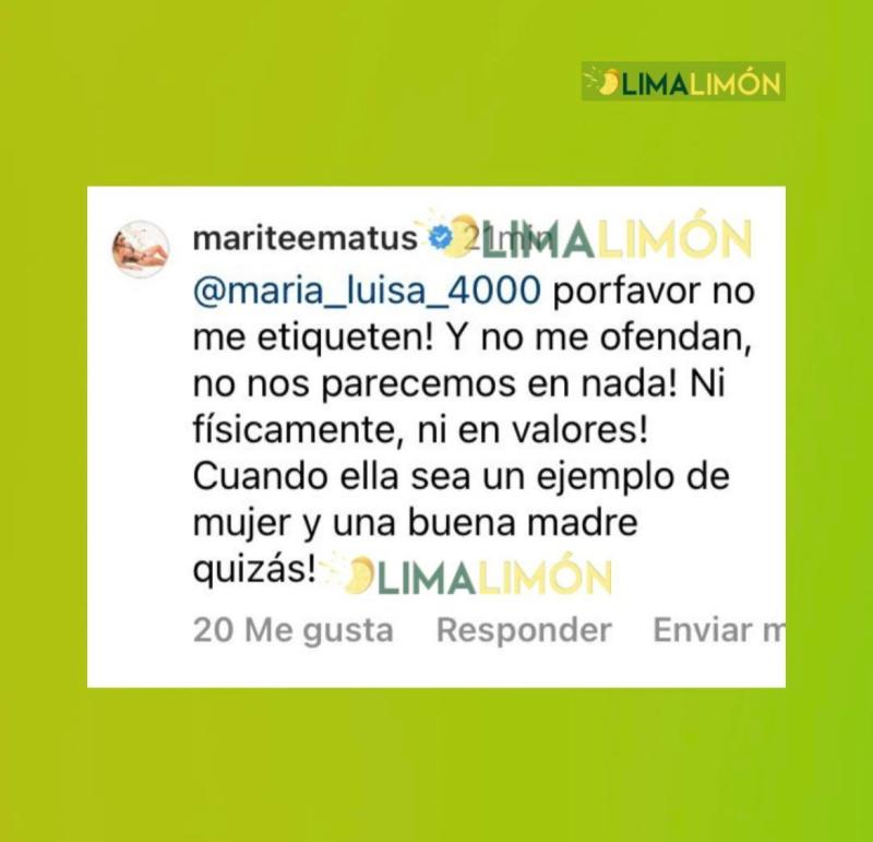 Respuesta de Marité Matus captada por la página de farándula Lima Limon.