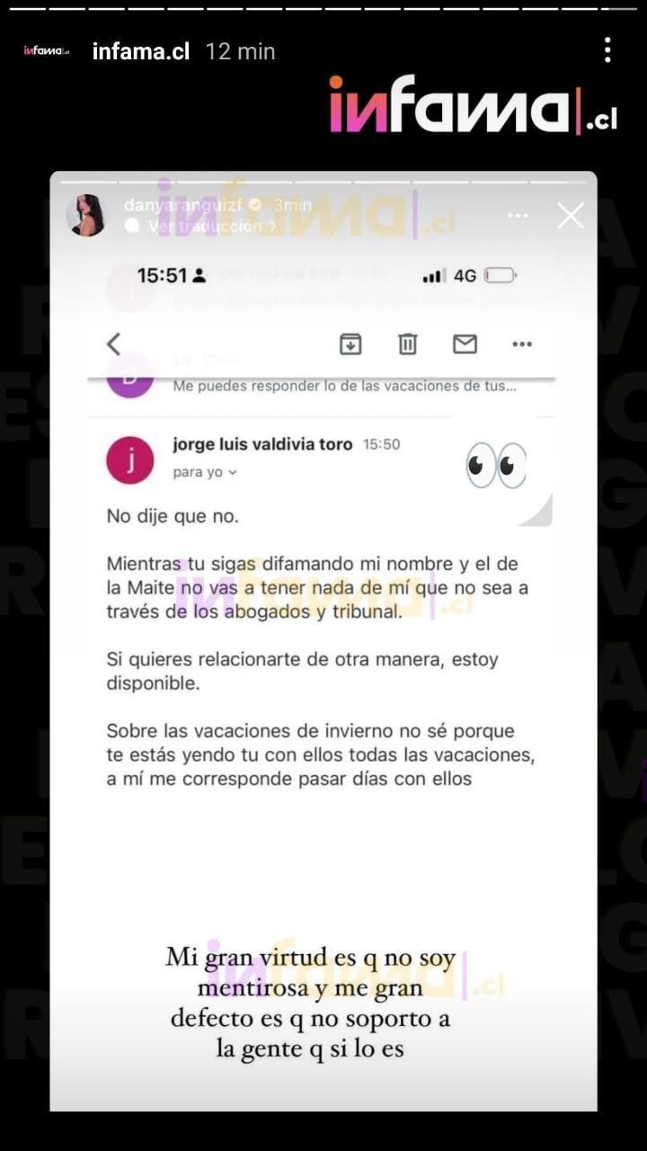 Daniela Aránguiz publicó amenazante mail de Jorge Valdivia. / Foto: Infama