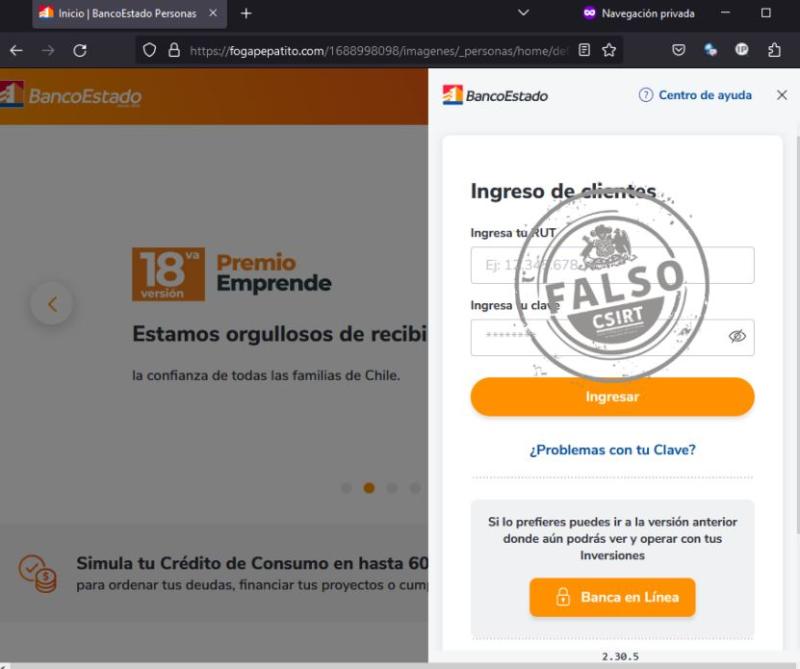 Captura sitio web falso BancoEstado - CSIRT
