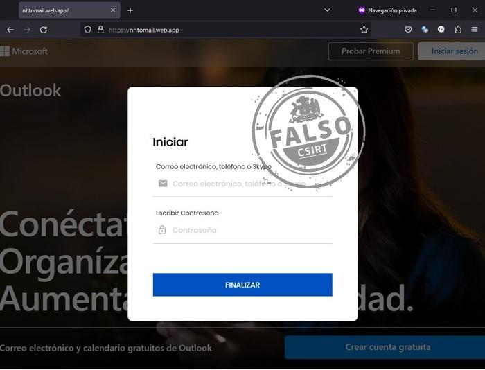 Sitio fraudulento de Outllook