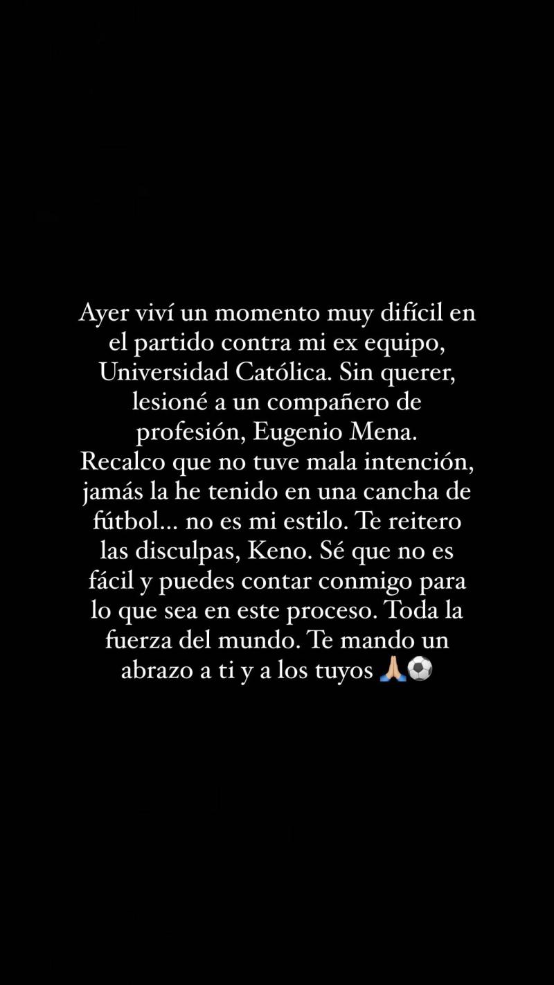 'Catuto' Rebolledo compartió públicamente una sentida disculpa a Eugenio Mena tras la dura lesión que le provocó - Créditos: Instagram @catuto_21