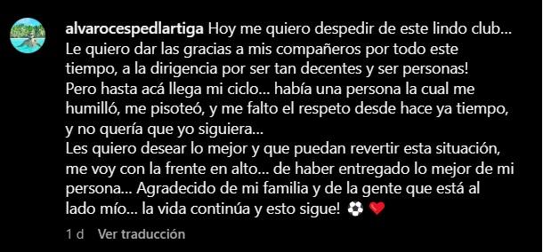 Álvaro Césped se despidió de Deportes Recoleta. Imagen: Instagram.