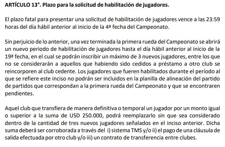 El artículo 13 de las bases del Campeonato Nacional de Primera División. Crédito: Captura.