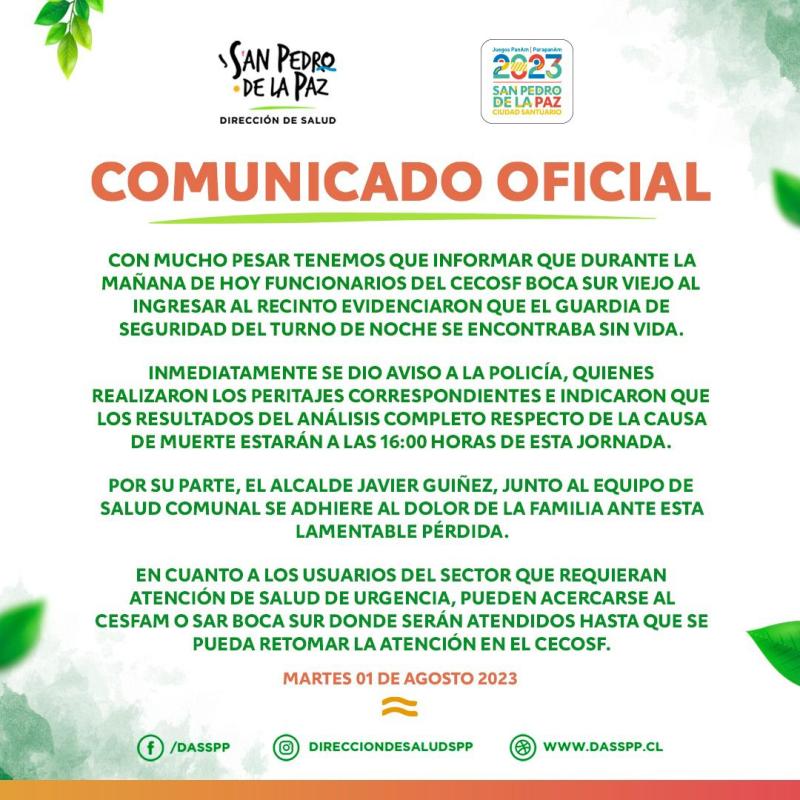 Comunicado de la Municipalidad de San Pedro de la Paz por muerte de guardia